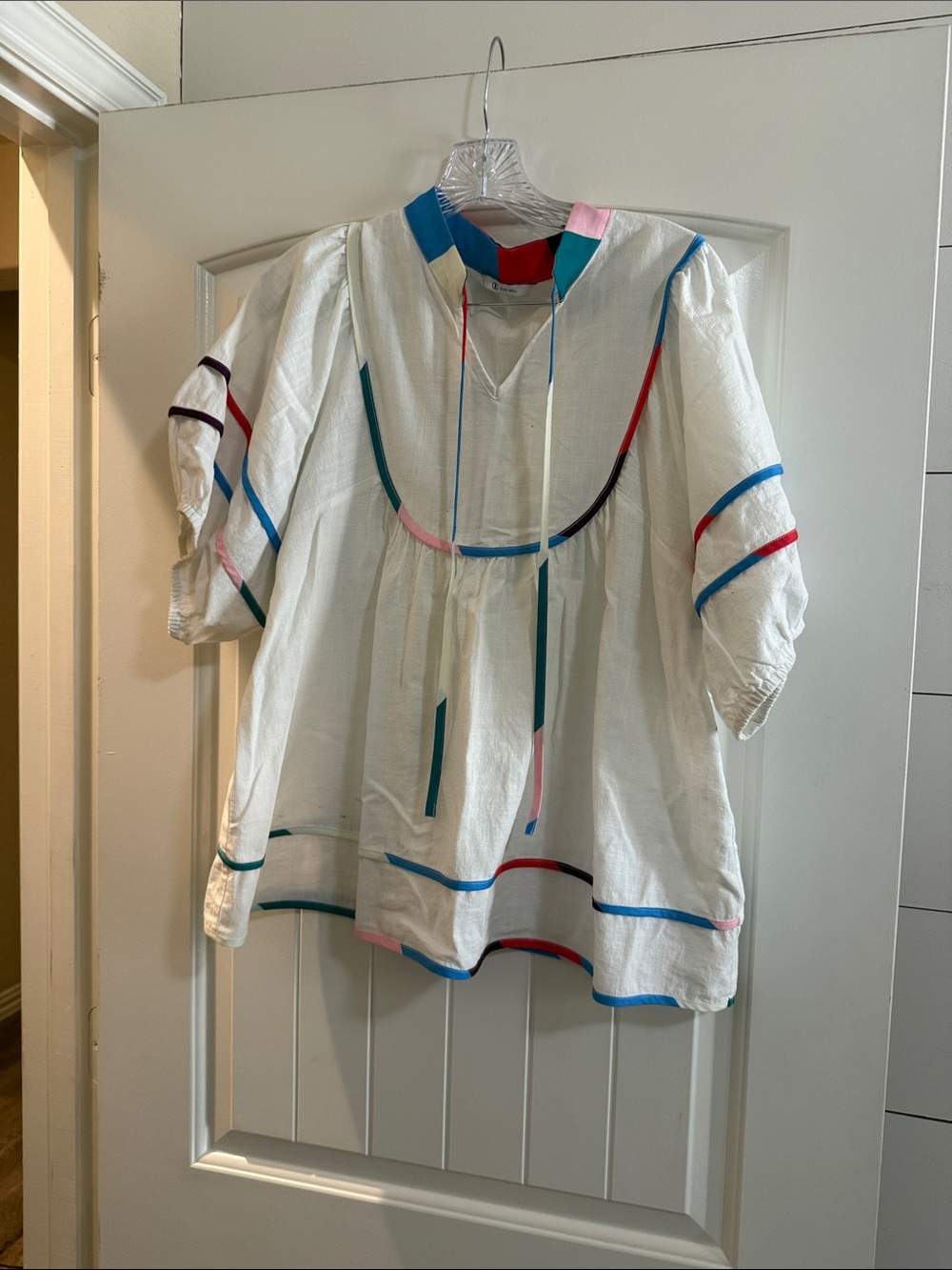White Cotton Peasant Blouse with Multicolor Trim